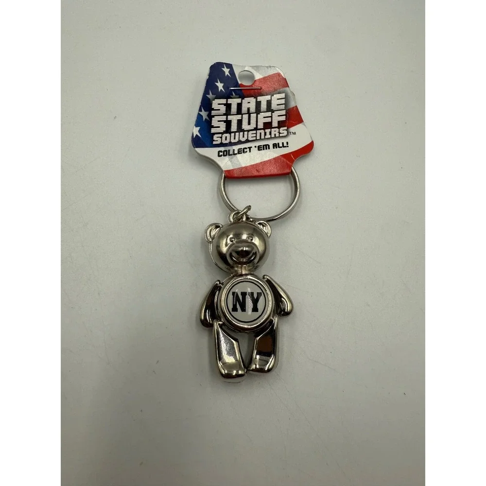 State Stuff Souvenirs New York NY Teddy Bear Keychain Silver Tone Metal New